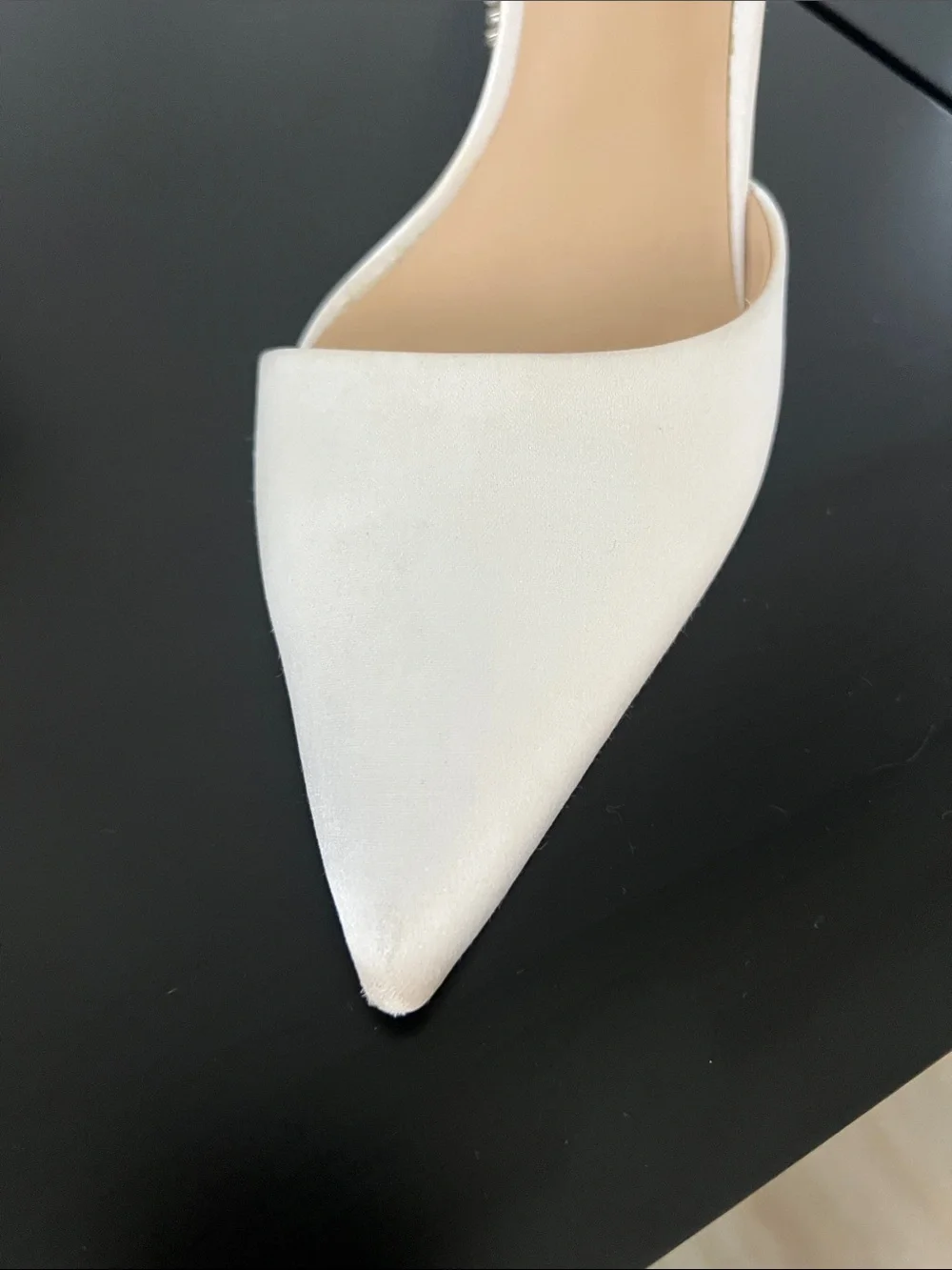 Harlow White Pointed D'Orsay Heels with Crystal Strap